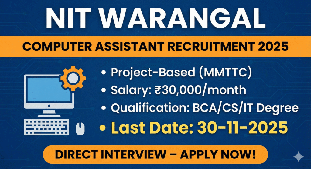 NIT Warangal Computer Assistant Recruitment 2025 Notification Thumbnail showing Salary 30000 and Qualification BCA MCA