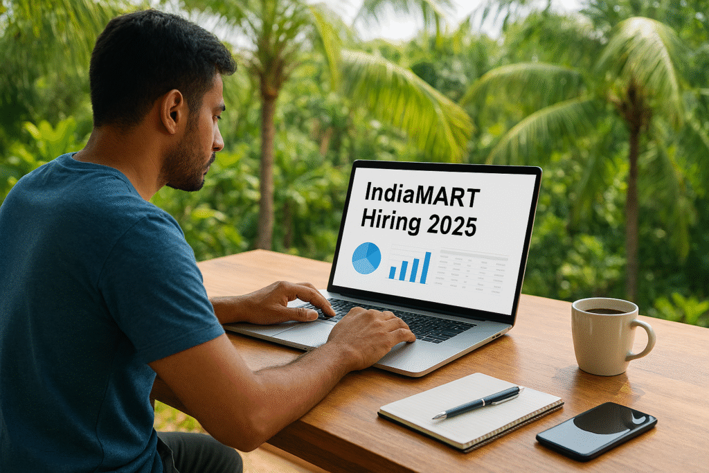 Man working on laptop in an outdoor setup with ‘IndiaMART Hiring 2025’ displayed on screen