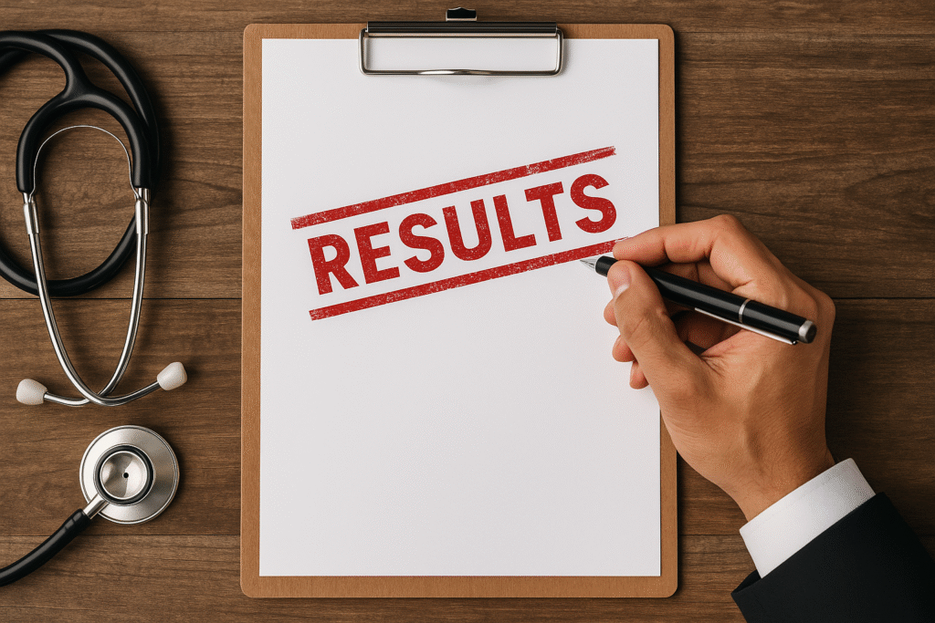 Clipboard with RESULTS stamped in red and a stethoscope on a wooden table representing MHSRB Lab Technician Results 2025