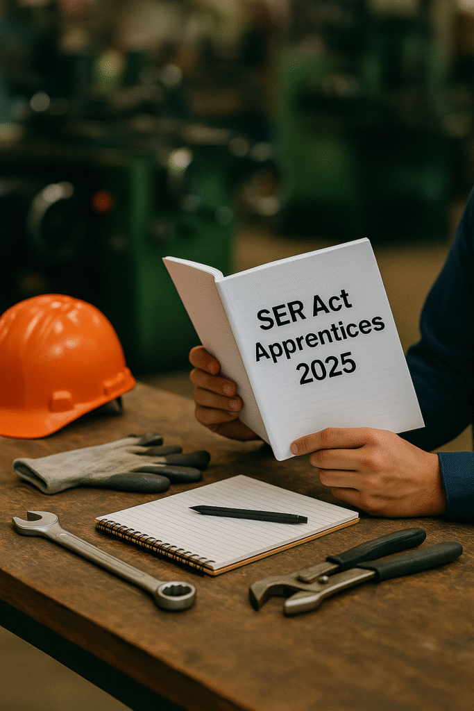 SER Act Apprentices 2025 training manual on a workshop table with tools and safety equipment