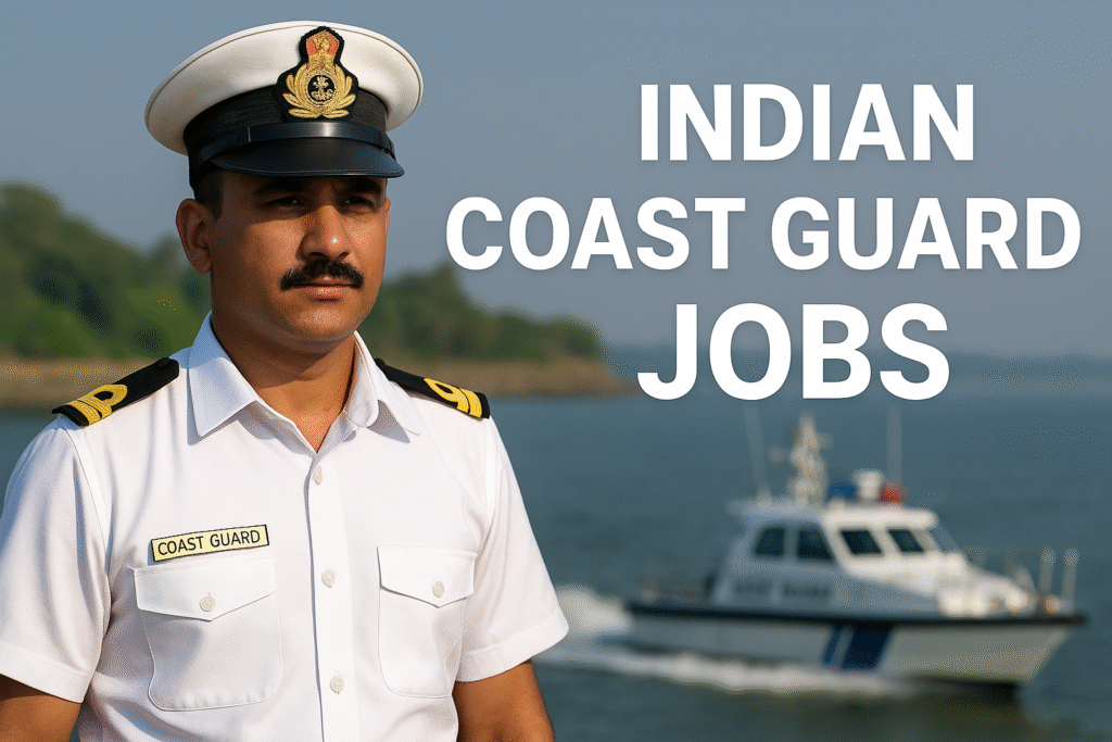 Indian Coast Guard Jobs officer standing on coastline with patrol boat
