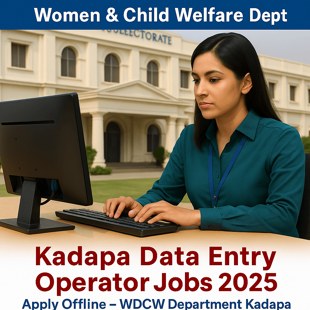A woman typing on a computer in front of Kadapa Collectorate building for Kadapa Data Entry Jobs 2025 under Women & Child Welfare Department