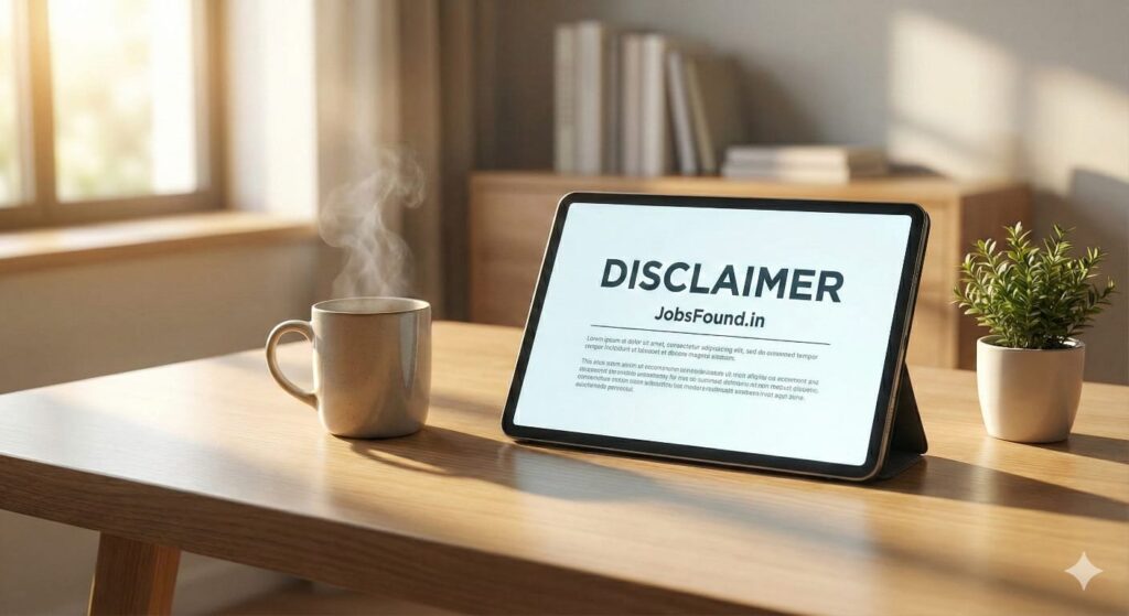 Tablet displaying 'DISCLAIMER JobsFound.in' text on a wooden desk with a coffee mug and small plant.