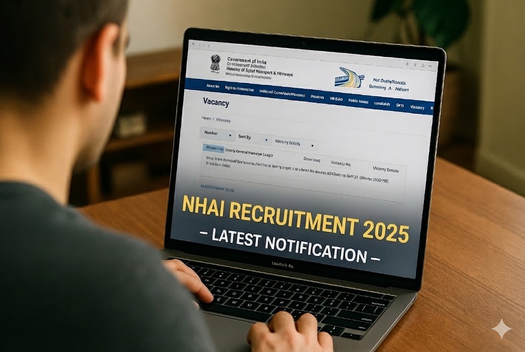 A candidate browsing the official website for NHAI Recruitment 2025 latest notification on a laptop.