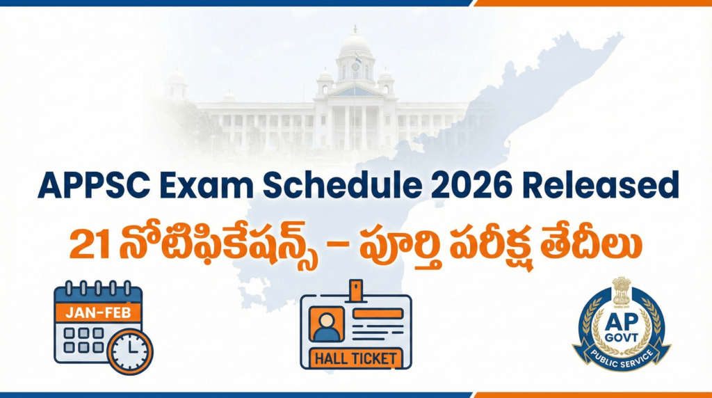 APPSC Exam Schedule 2026 banner image showing AP map, hall ticket icon, and exam date announcement.