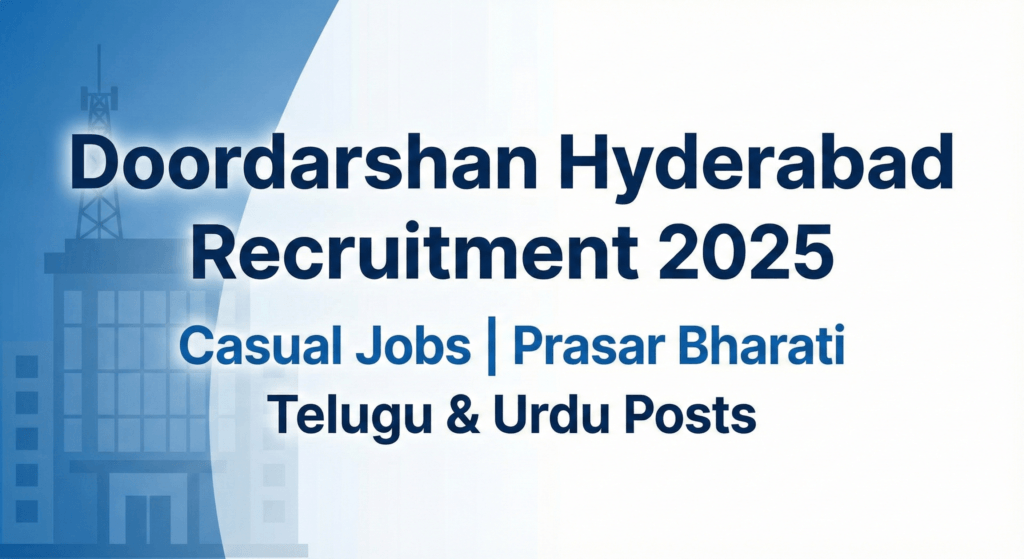 Doordarshan Hyderabad Recruitment 2025 official header image announcing casual jobs under Prasar Bharati for Telugu and Urdu posts, featuring a blue and white background with a building silhouette.