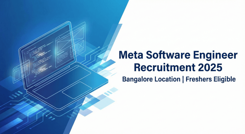 A blue and white recruitment banner with abstract tech patterns and a glowing laptop illustration. The text on the right reads, "Meta Software Engineer Recruitment 2025" and "Bangalore Location | Freshers Eligible".