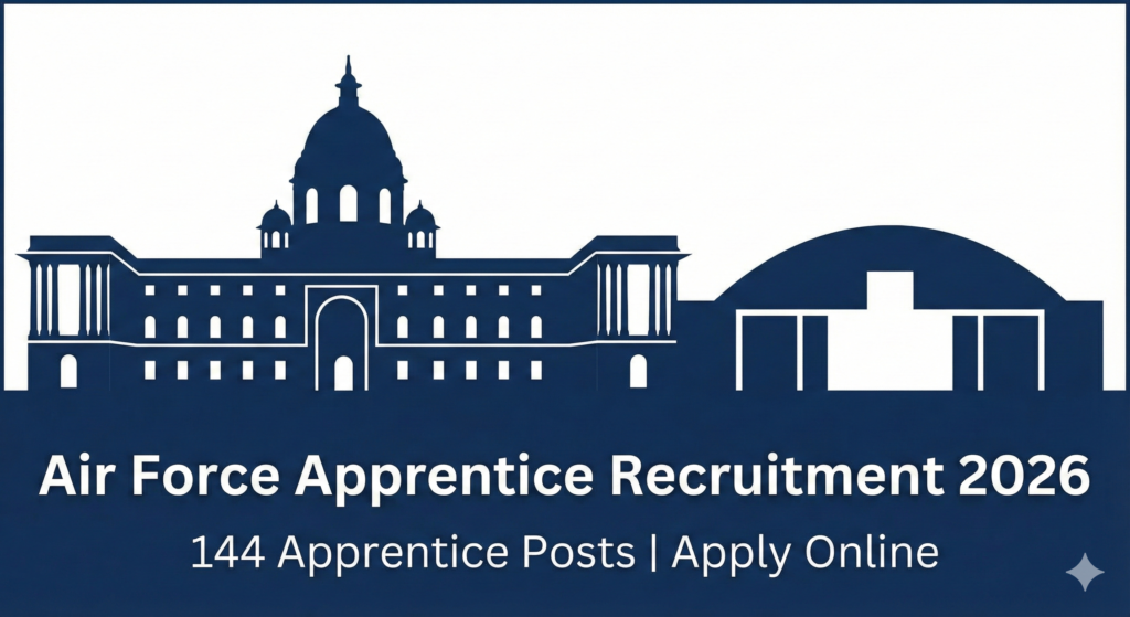 Navy blue and white header image featuring silhouettes of a large government administrative building and a hangar. White text reads "Air Force Apprentice Recruitment 2026" followed by "144 Apprentice Posts | Apply Online".