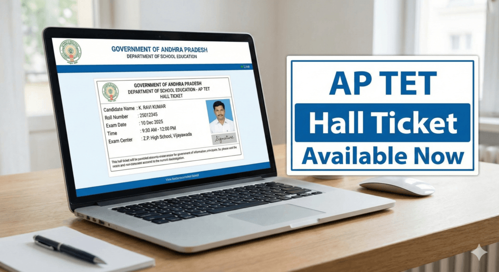 Laptop screen displaying AP TET hall ticket with “AP TET Hall Ticket Available Now” message on the right side.