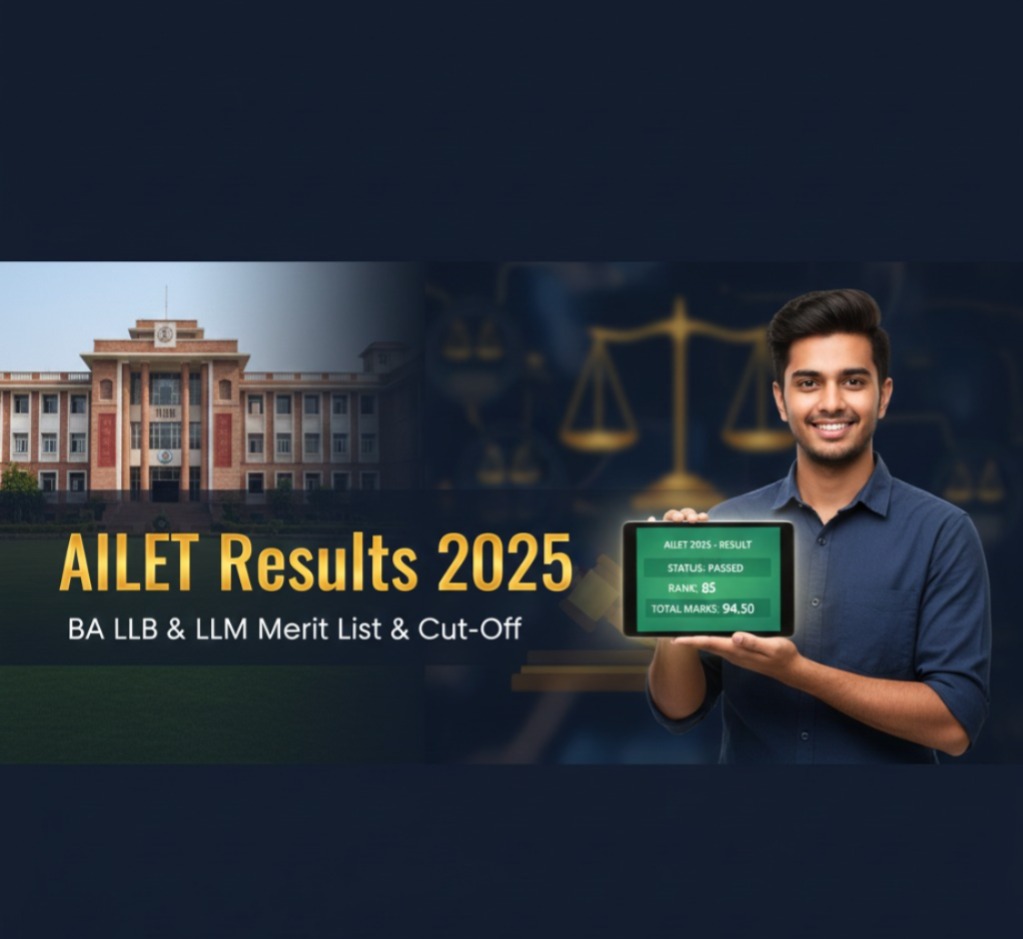 AILET Results 2025 announcement with NLU Delhi building and a student checking score.