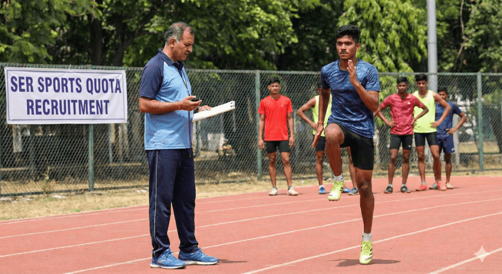 SER Sports Quota Recruitment 2025-26 notification banner featuring Indian athletes in running, hockey, and badminton.