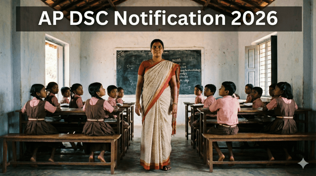 "Female teacher standing in an Andhra Pradesh rural government school classroom with students on wooden benches, overlay text reads AP DSC Notification 2026."