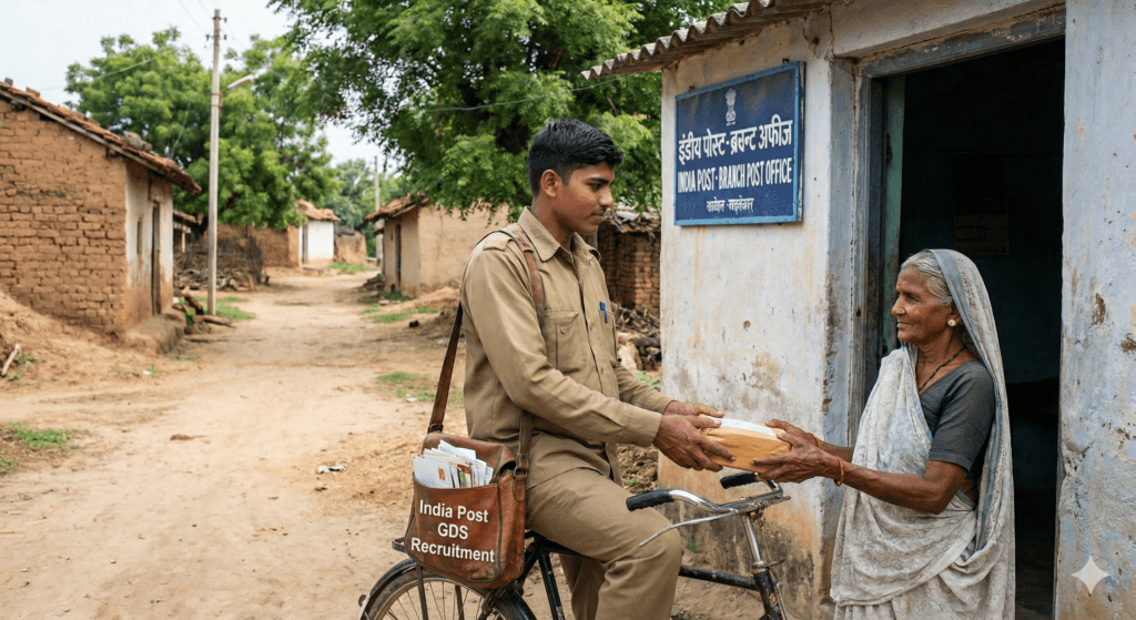 An India Post GDS employee in uniform on a bicycle delivering mail to an elderly woman outside a rural Branch Post Office, with "India Post GDS Recruitment" text visible on his satchel.