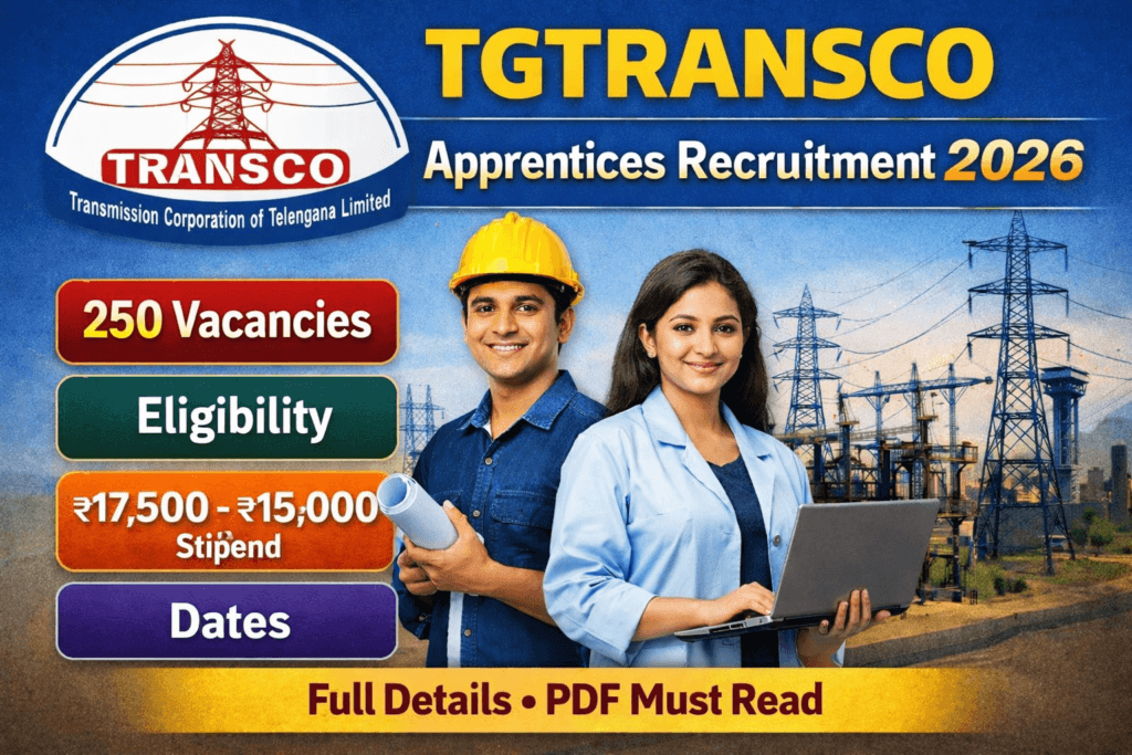 TGTRANSCO Apprentices Recruitment 2026 banner showing 250 vacancies, eligibility, stipend details and important dates