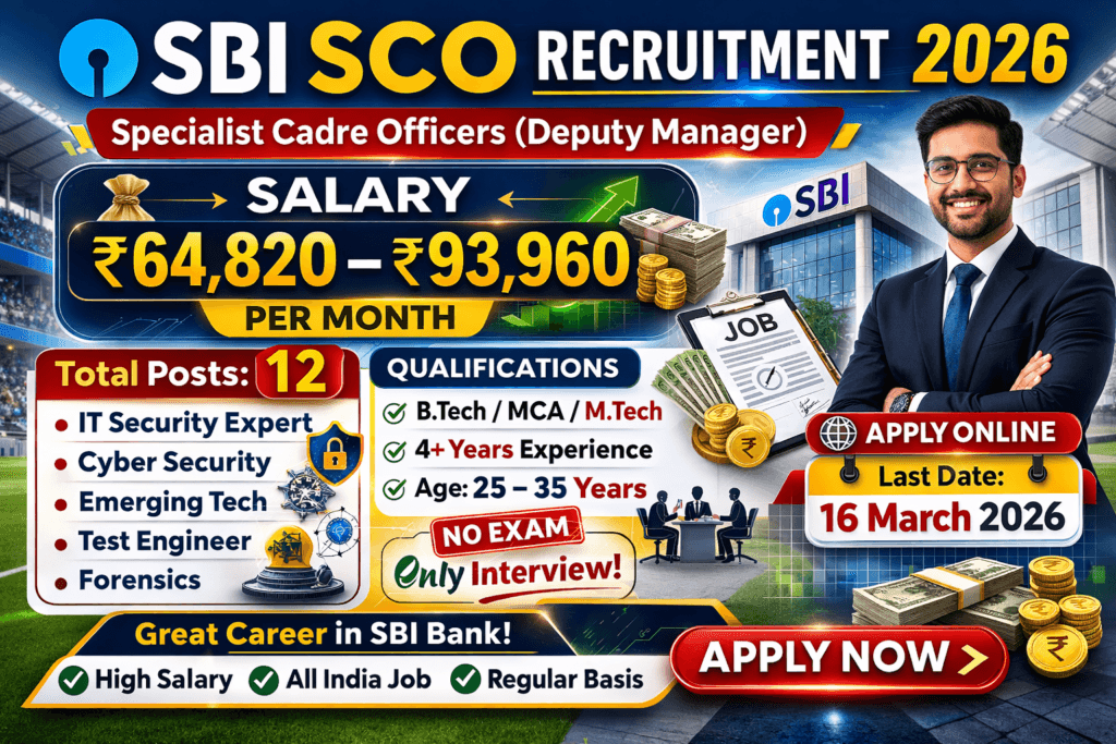SBI SCO Recruitment 2026 Telugu salary ₹64,820 to ₹93,960 Deputy Manager MMGS-II job notification banner