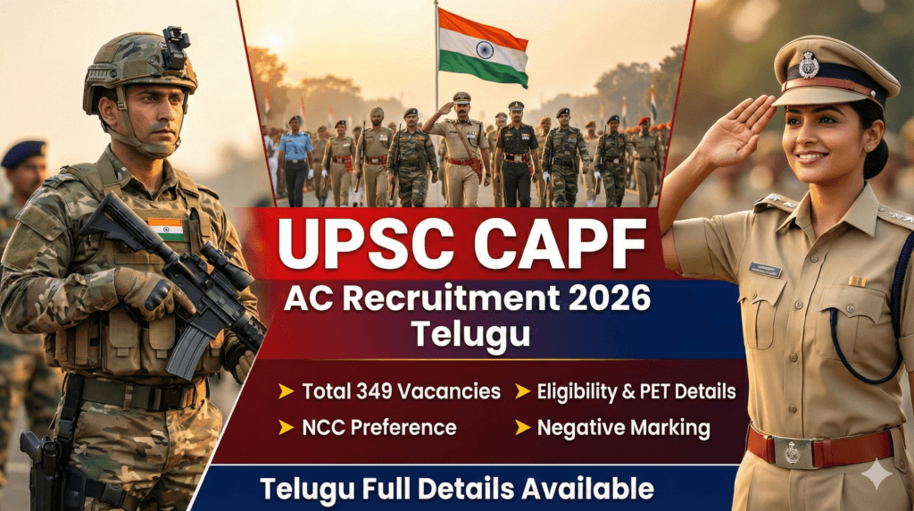 Indian CAPF commando and a saluting female police officer alongside details for the UPSC CAPF AC Recruitment 2026 in Telugu, including 349 vacancies and eligibility.
