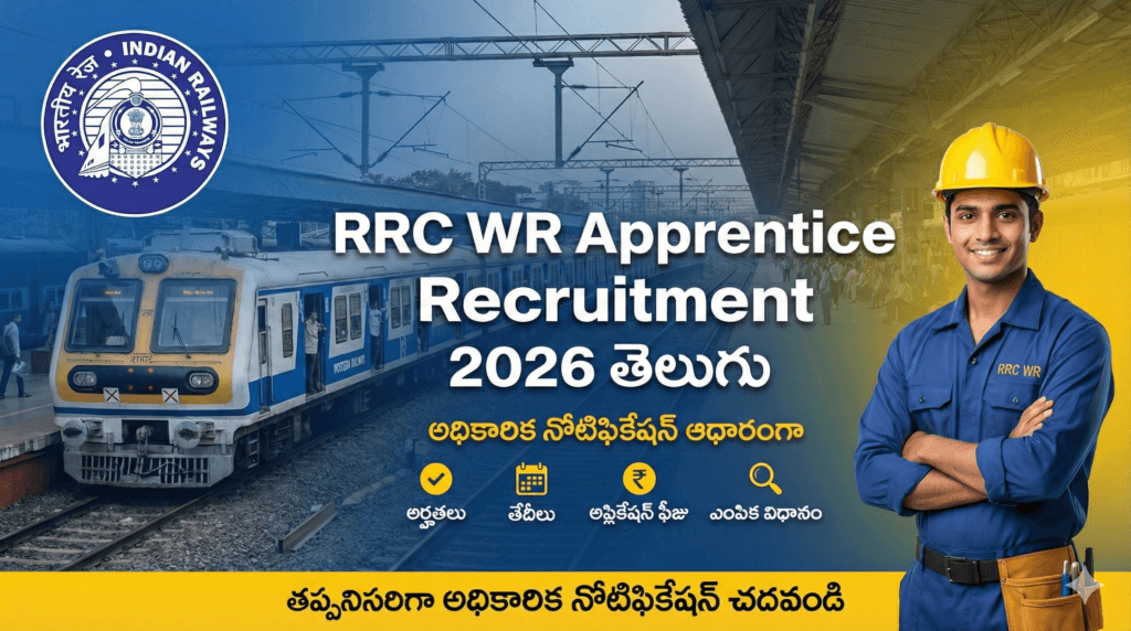 RRC Western Railway Apprentice Recruitment 2026 notification details in Telugu, featuring an Indian railway worker, a local train, and the Indian Railways logo.