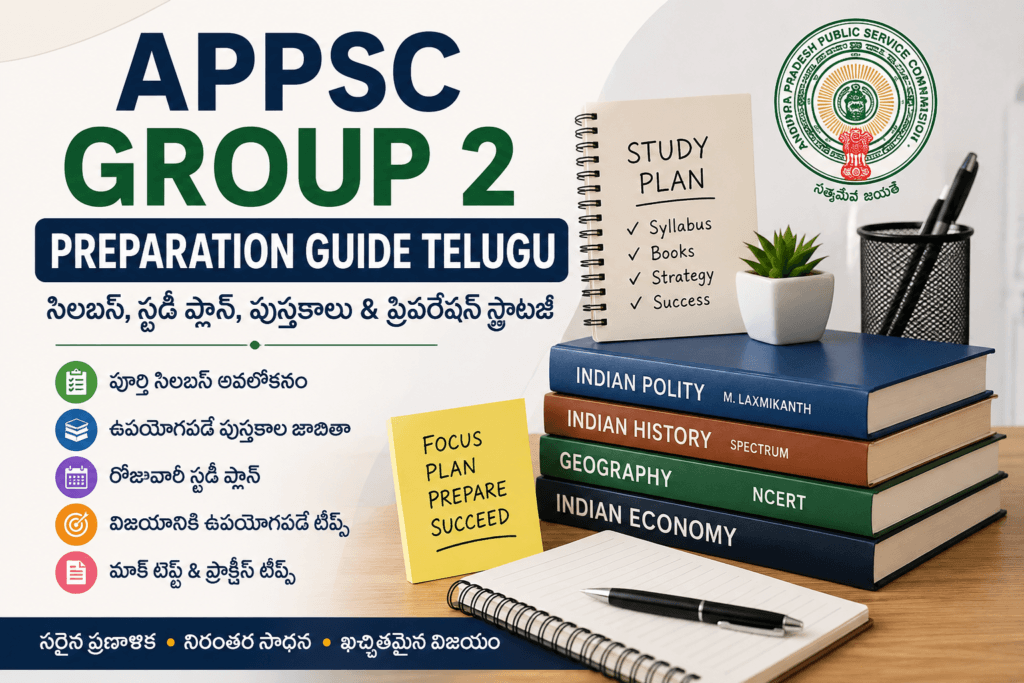 APPSC Group 2 Preparation Guide Telugu 2026 కోసం సిలబస్, స్టడీ ప్లాన్, పుస్తకాలు మరియు ప్రిపరేషన్ స్ట్రాటజీ చూపిస్తున్న ఇన్ఫోగ్రాఫిక్